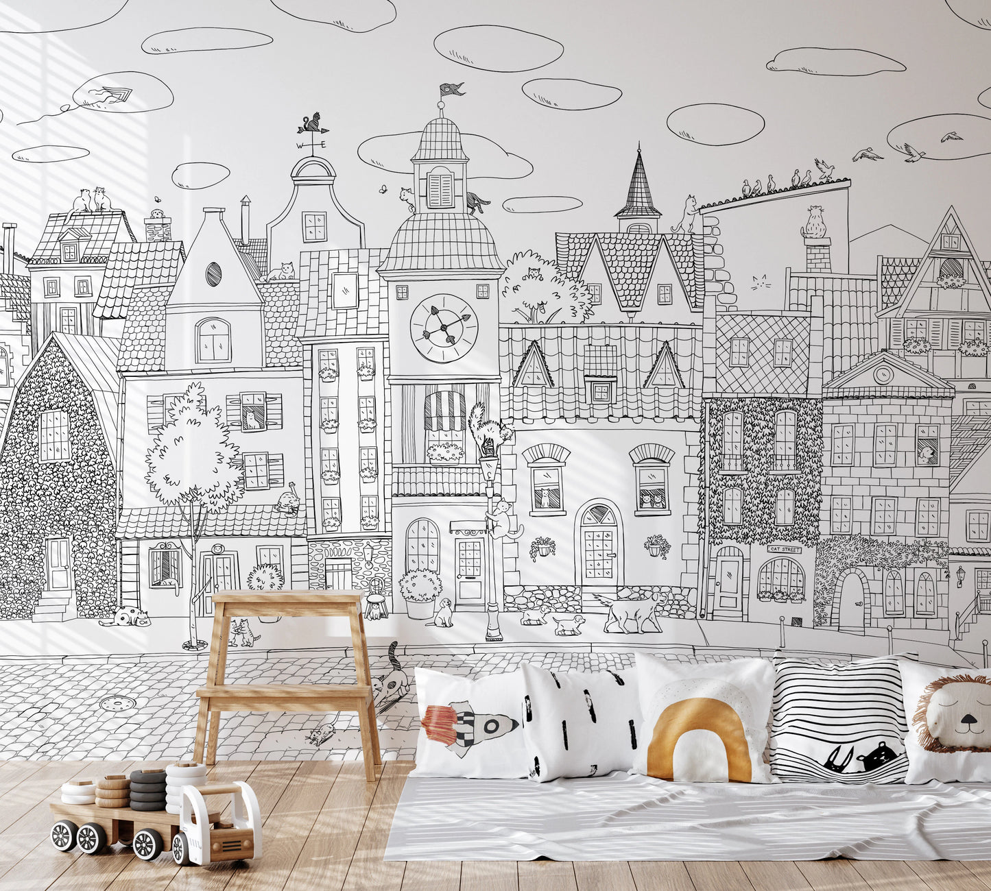 Charming Black and White Town Street Illustration Wall Mural