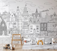 Charming Black and White Town Street Illustration Wall Mural