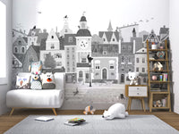 Charming European Village Cat and Dog Scene Wall Mural