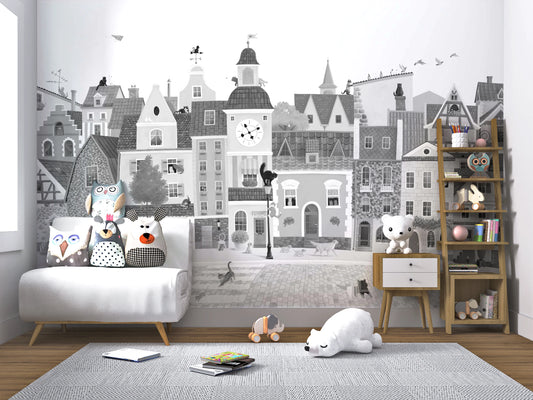 Charming European Village Cat and Dog Scene Wall Mural