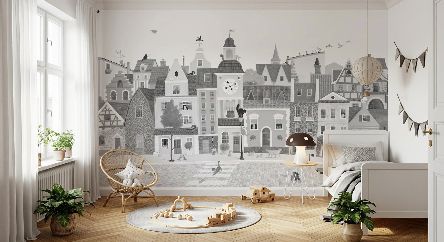 Charming European Village Cat and Dog Scene Wall Mural