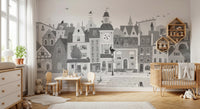 Charming European Village Cat and Dog Scene Wall Mural