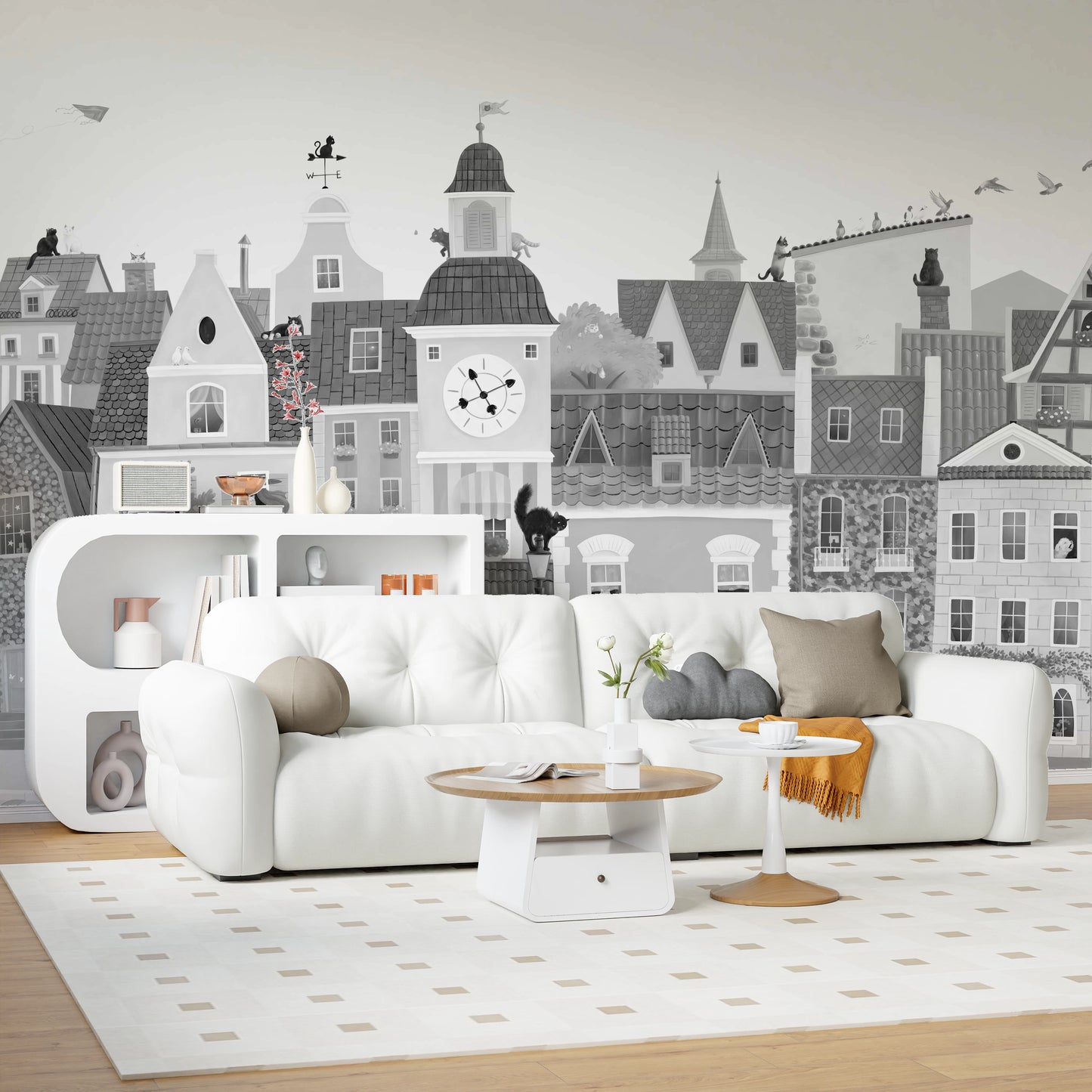 Charming European Village Cat and Dog Scene Wall Mural