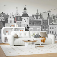 Charming European Village Cat and Dog Scene Wall Mural