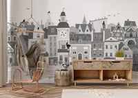 Charming European Village Cat and Dog Scene Wall Mural