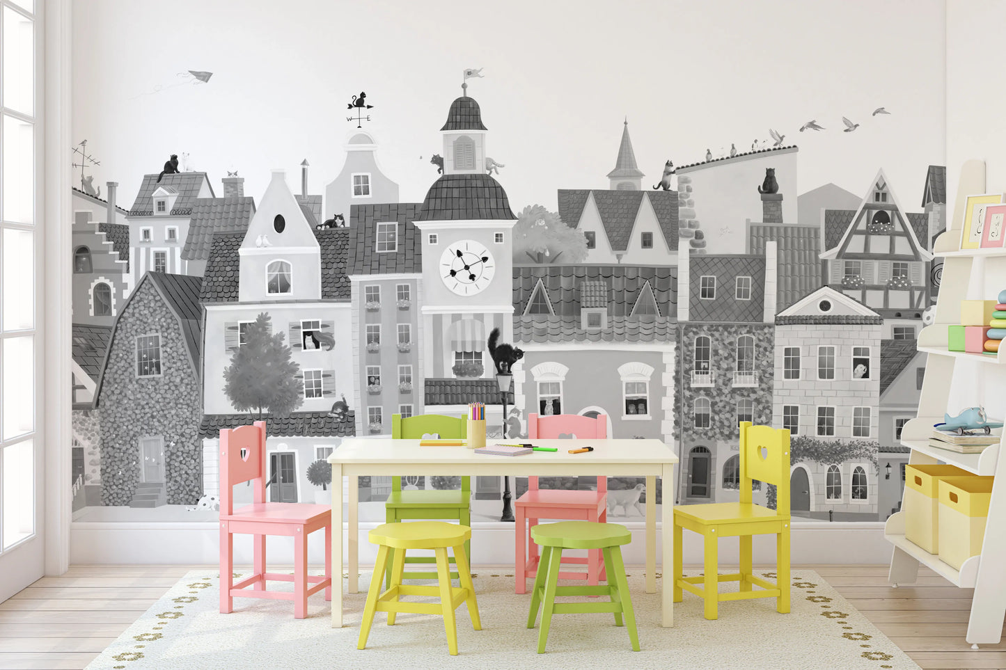 Charming European Village Cat and Dog Scene Wall Mural