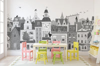 Charming European Village Cat and Dog Scene Wall Mural