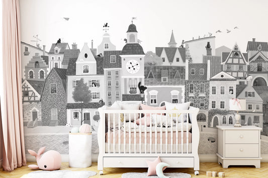 Charming European Village Cat and Dog Scene Wall Mural
