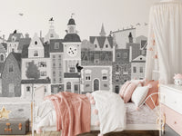 Charming European Village Cat and Dog Scene Wall Mural