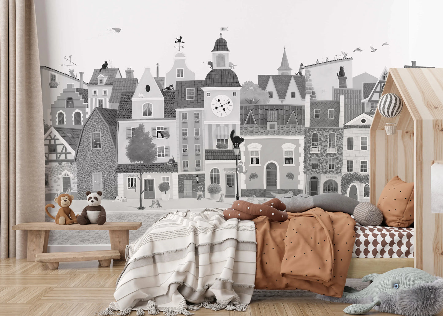 Charming European Village Cat and Dog Scene Wall Mural