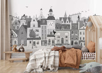 Charming European Village Cat and Dog Scene Wall Mural