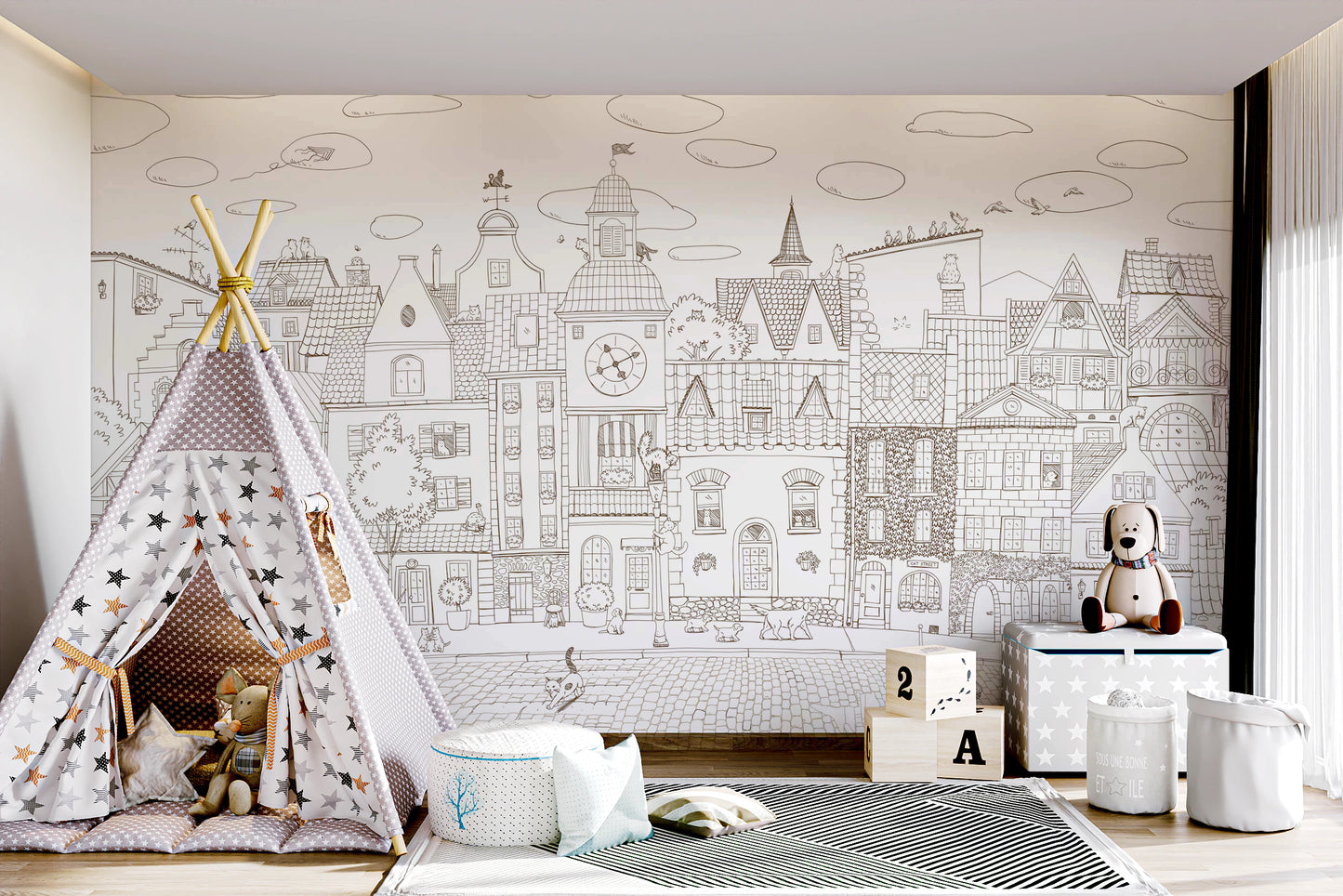 Charming Cats Of The Old Town Illustration Wall Mural