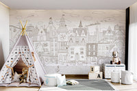 Charming Cats Of The Old Town Illustration Wall Mural