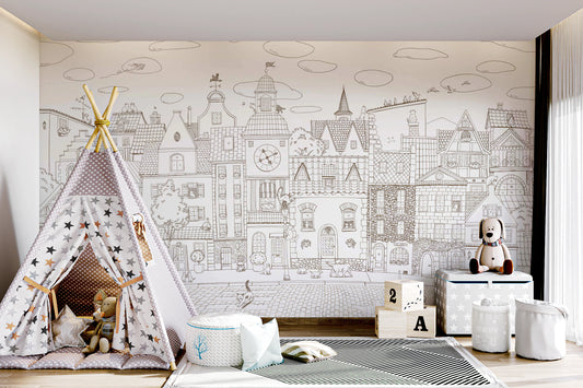 Charming Cats Of The Old Town Illustration Wall Mural