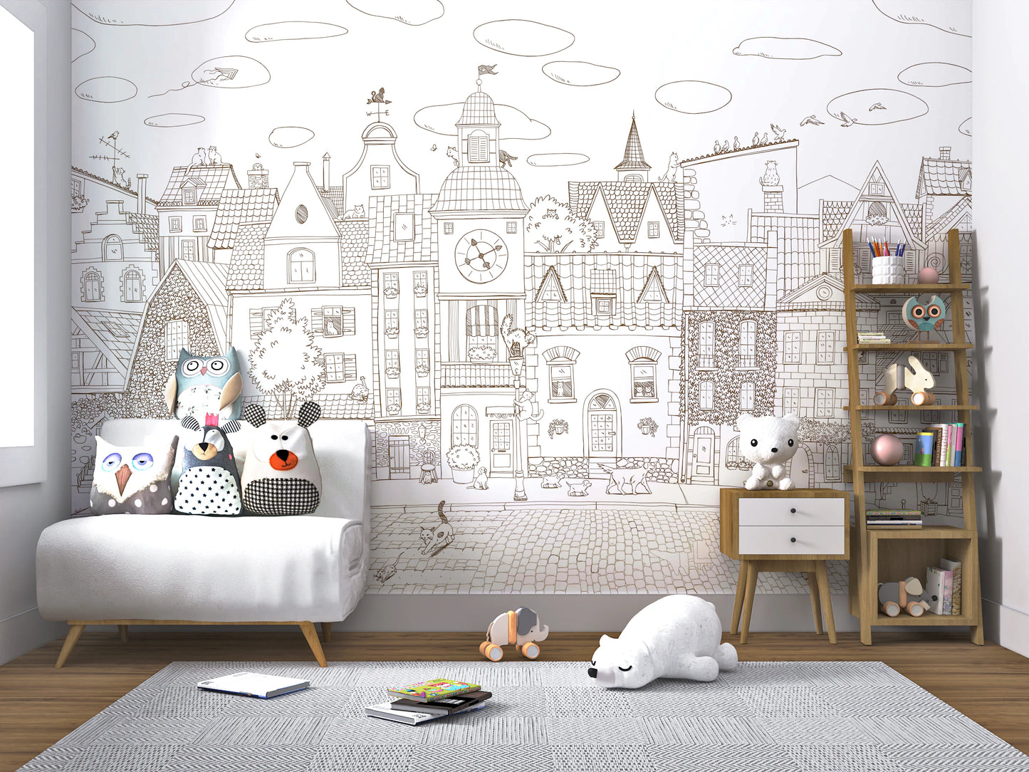 Charming Cats Of The Old Town Illustration Wall Mural