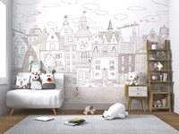 Charming Cats Of The Old Town Illustration Wall Mural