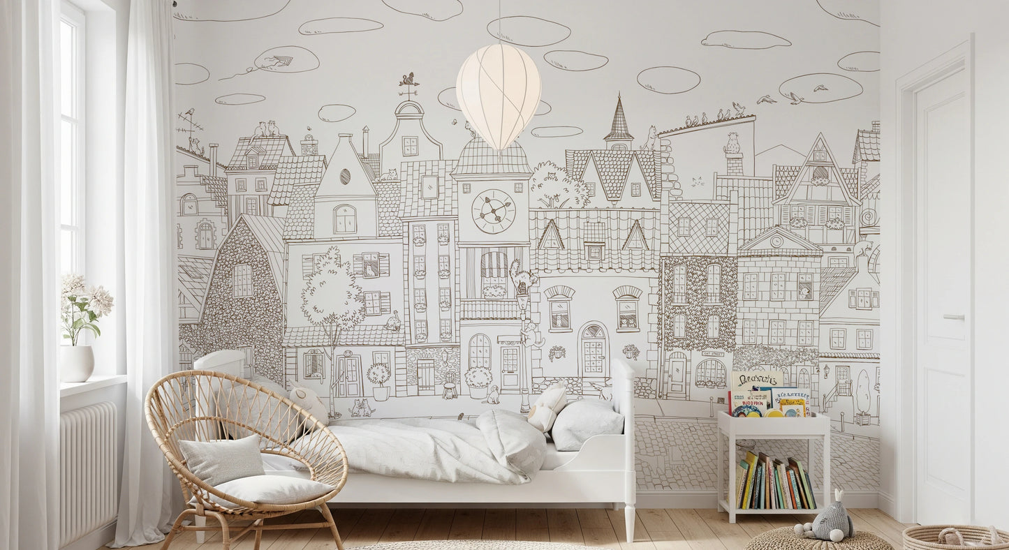 Charming Cats Of The Old Town Illustration Wall Mural