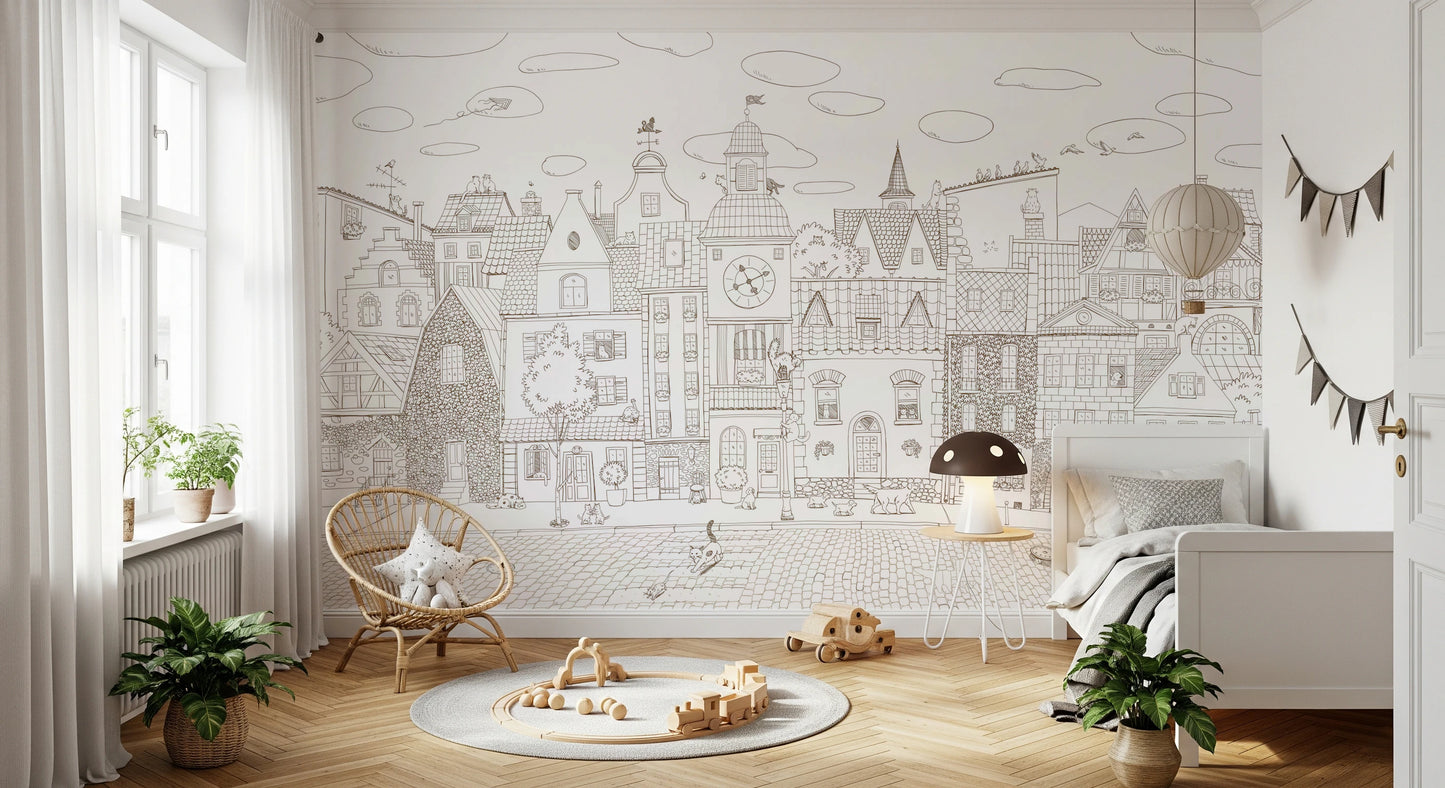 Charming Cats Of The Old Town Illustration Wall Mural