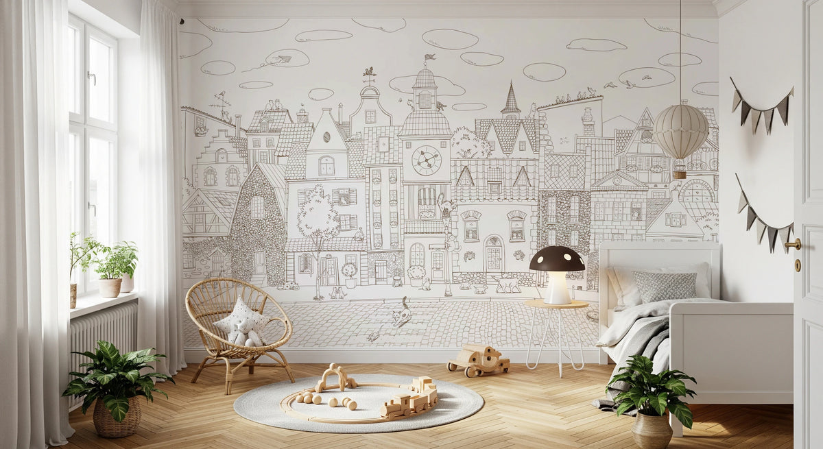 Birds and clouds over inked rooftops in a warm sepia town mural