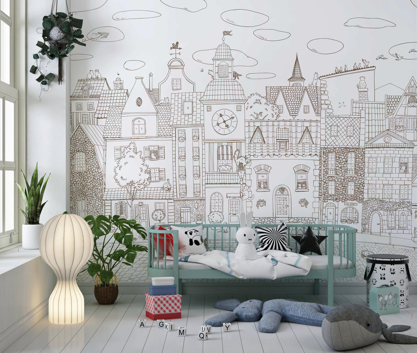 Charming Cats Of The Old Town Illustration Wall Mural