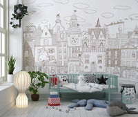 Charming Cats Of The Old Town Illustration Wall Mural