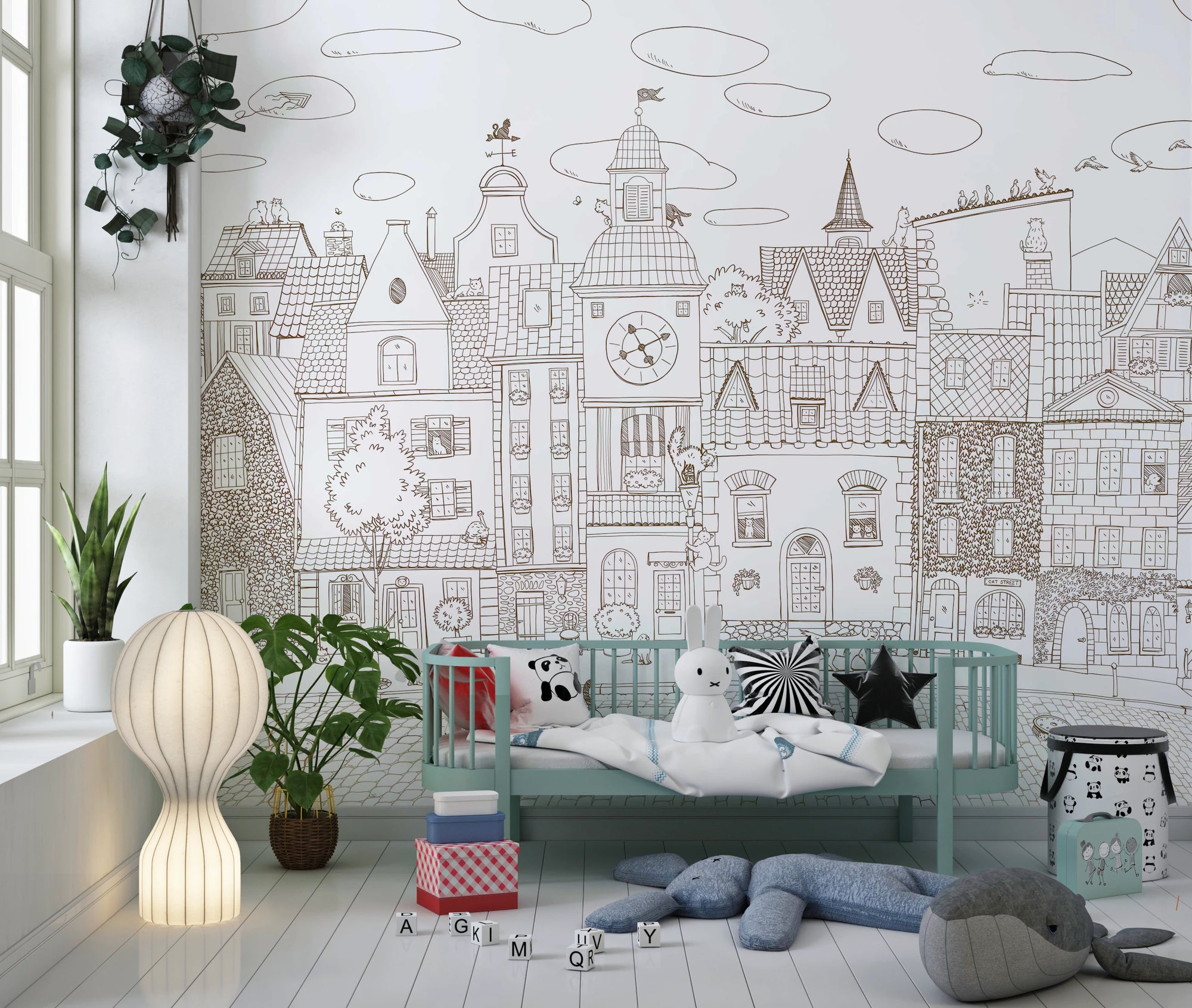 Charming Cats Of The Old Town Illustration Wall Mural
