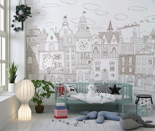 Charming Cats Of The Old Town Illustration Wall Mural