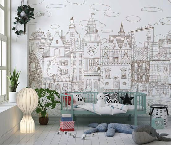 Charming Cats Of The Old Town Illustration Wall Mural