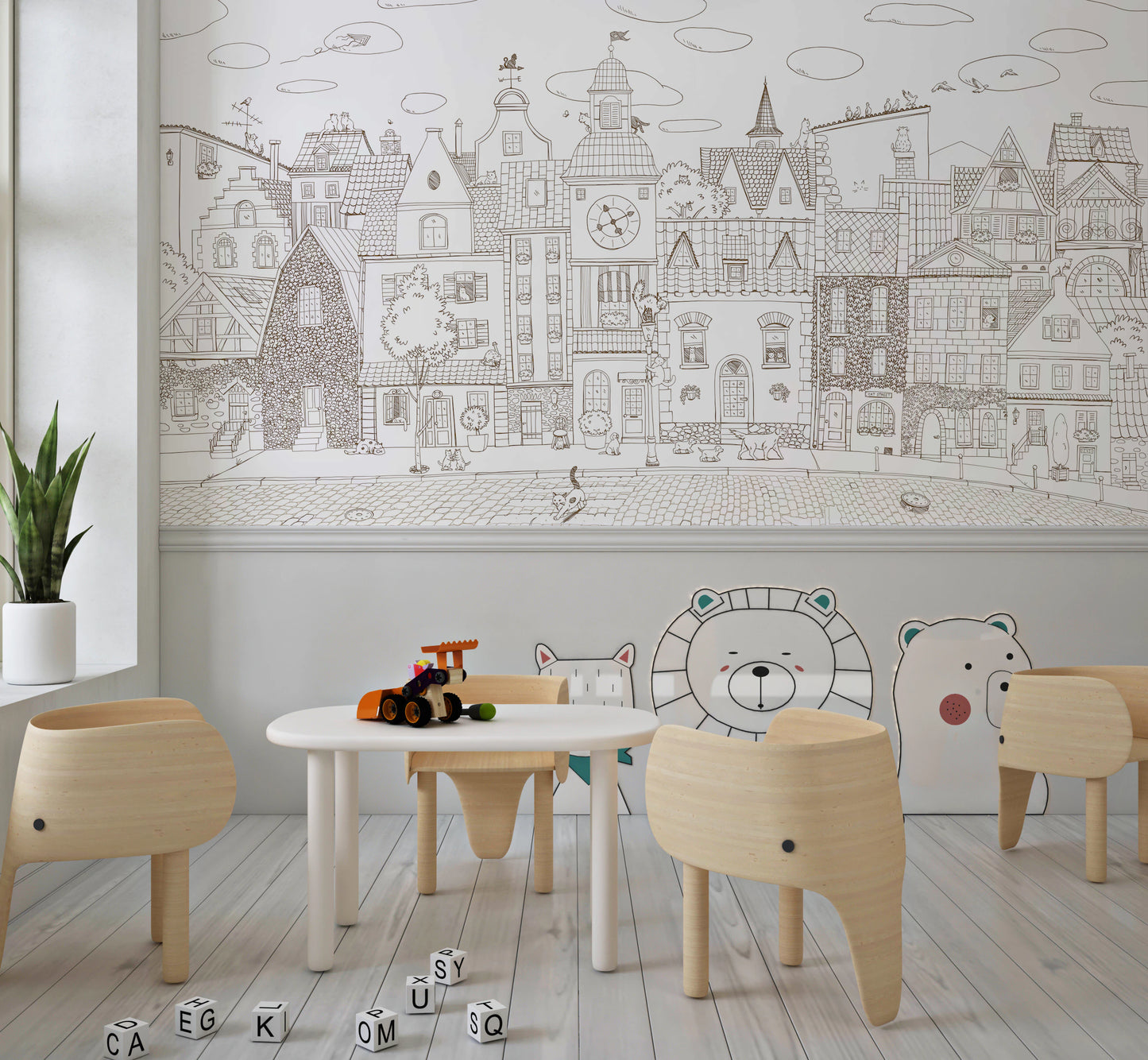 Charming Cats Of The Old Town Illustration Wall Mural