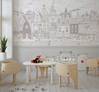 Charming Cats Of The Old Town Illustration Wall Mural
