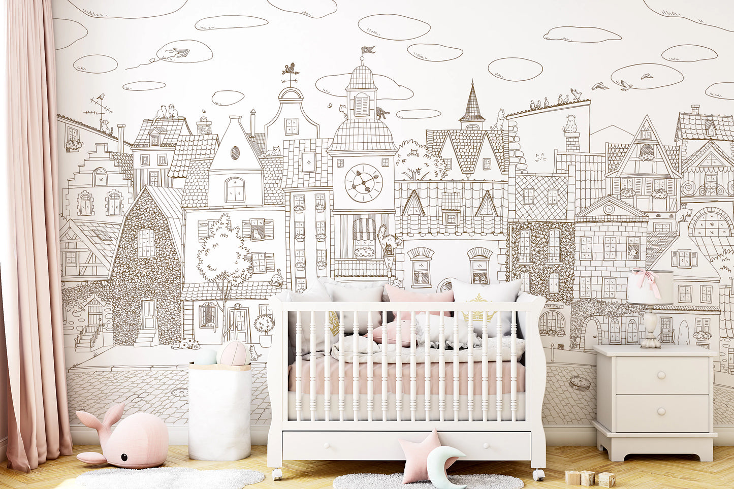 Charming Cats Of The Old Town Illustration Wall Mural