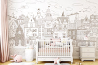 Charming Cats Of The Old Town Illustration Wall Mural