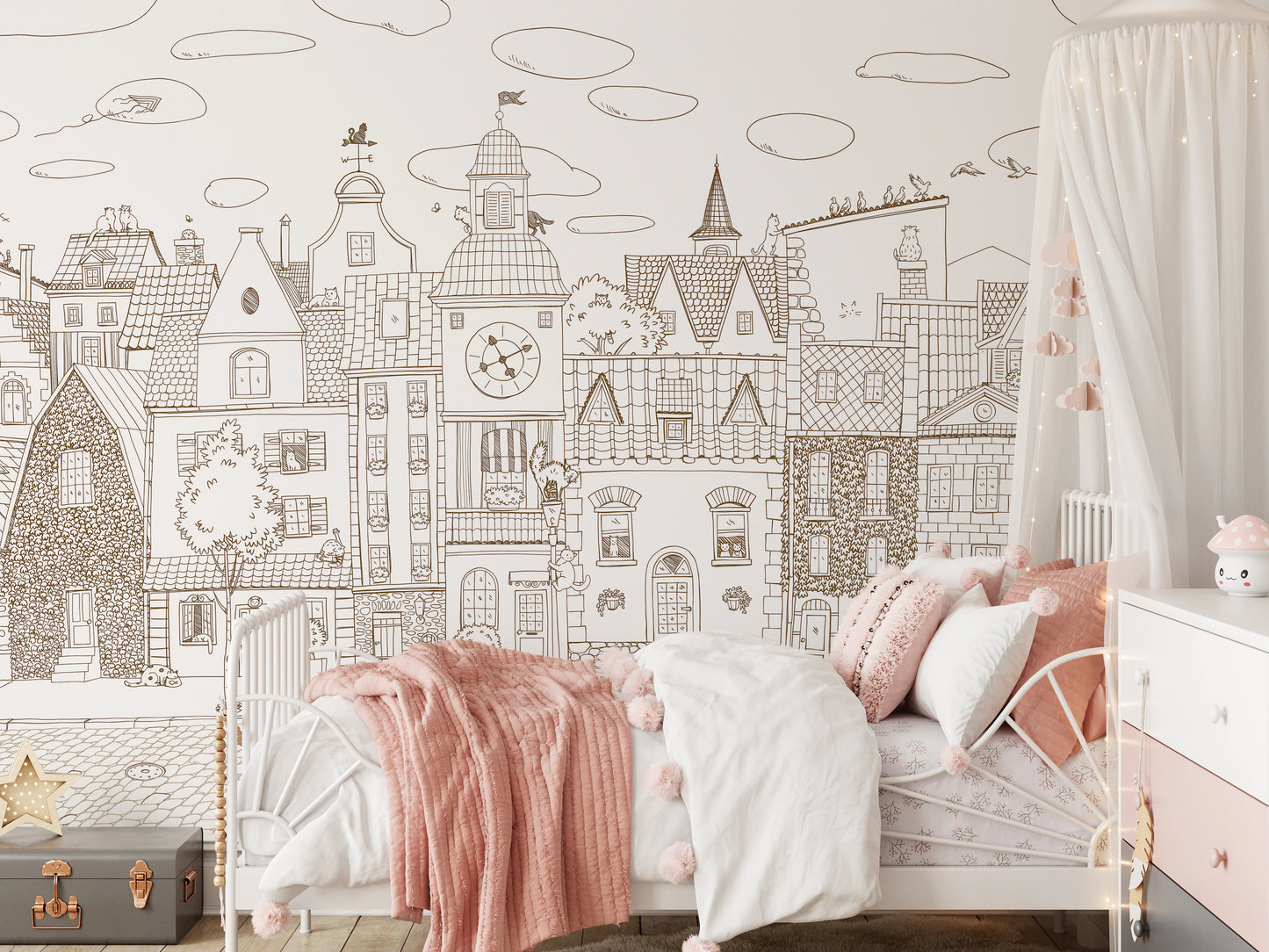 Charming Cats Of The Old Town Illustration Wall Mural