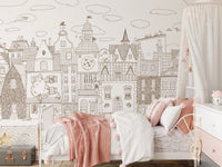 Charming Cats Of The Old Town Illustration Wall Mural