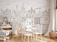 Charming Cats Of The Old Town Illustration Wall Mural