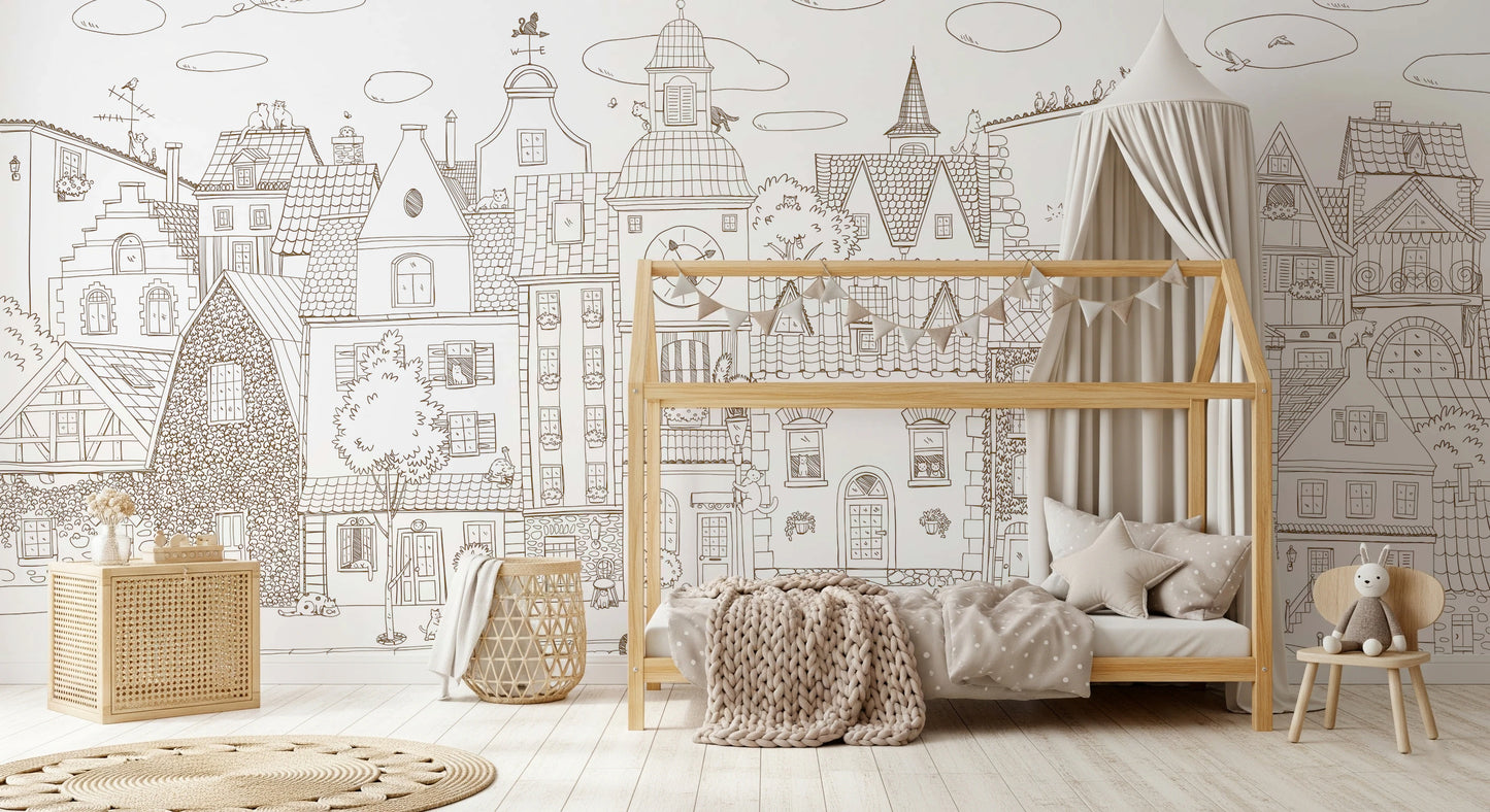 Charming Cats Of The Old Town Illustration Wall Mural