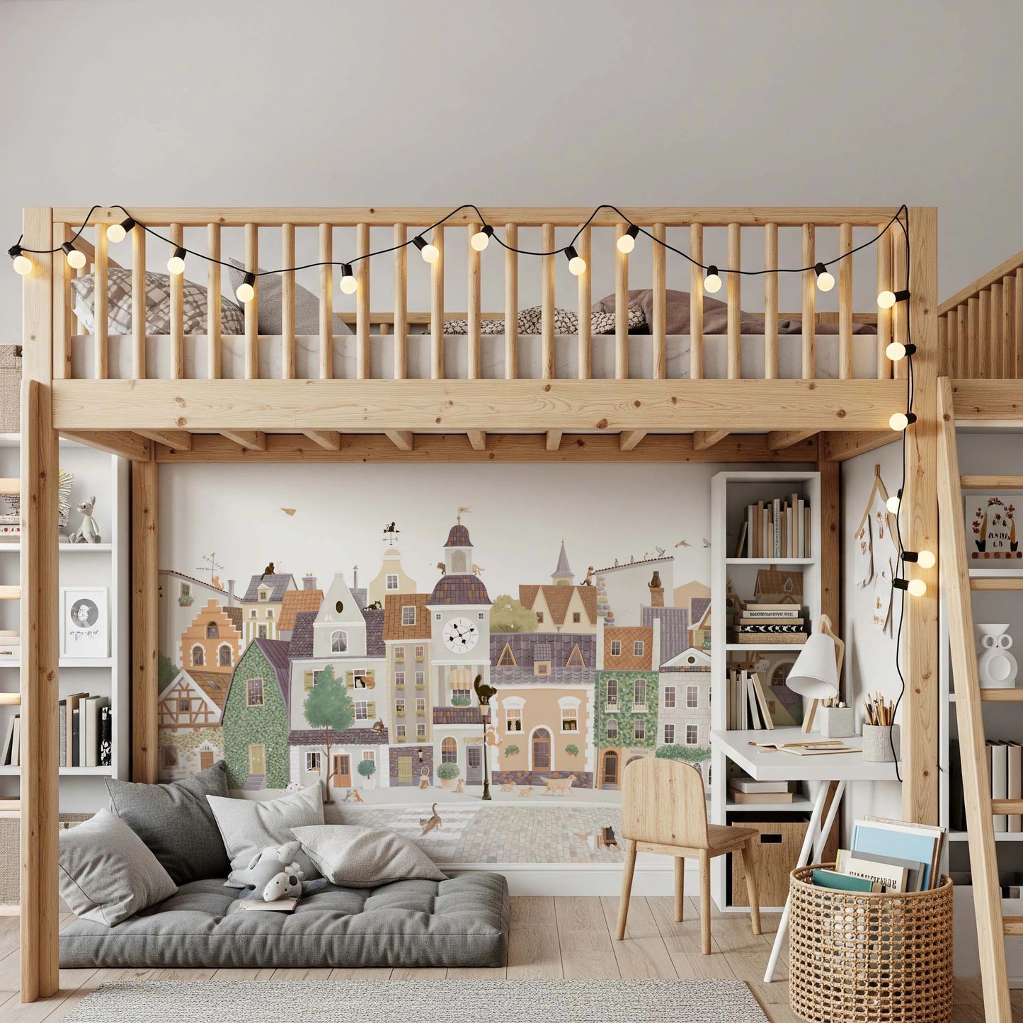 Whimsical European Street Scene with Charming Pets Wall Mural