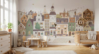 Whimsical European Street Scene with Charming Pets Wall Mural