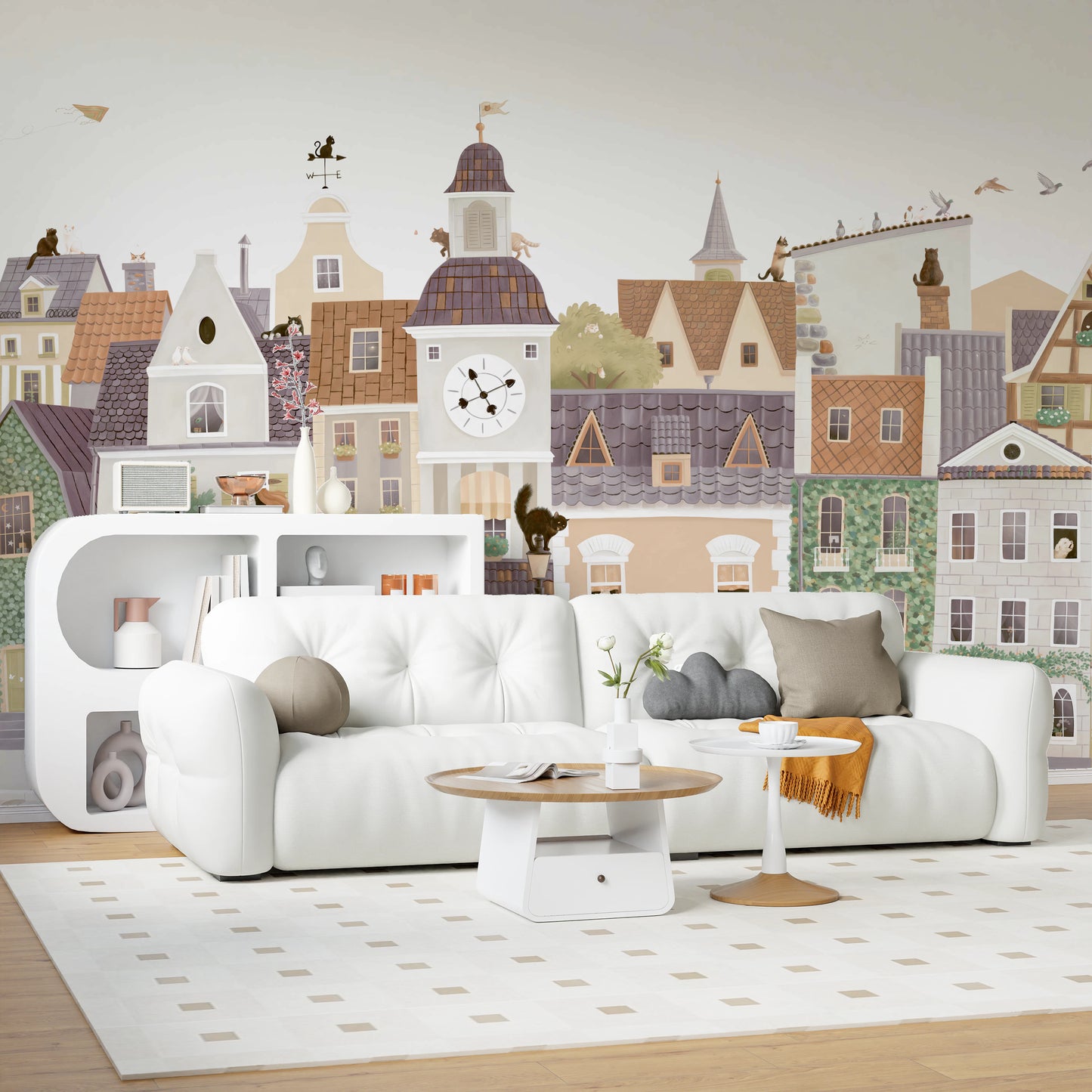 Whimsical European Street Scene with Charming Pets Wall Mural