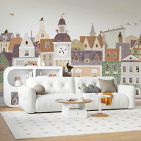 Whimsical European Street Scene with Charming Pets Wall Mural