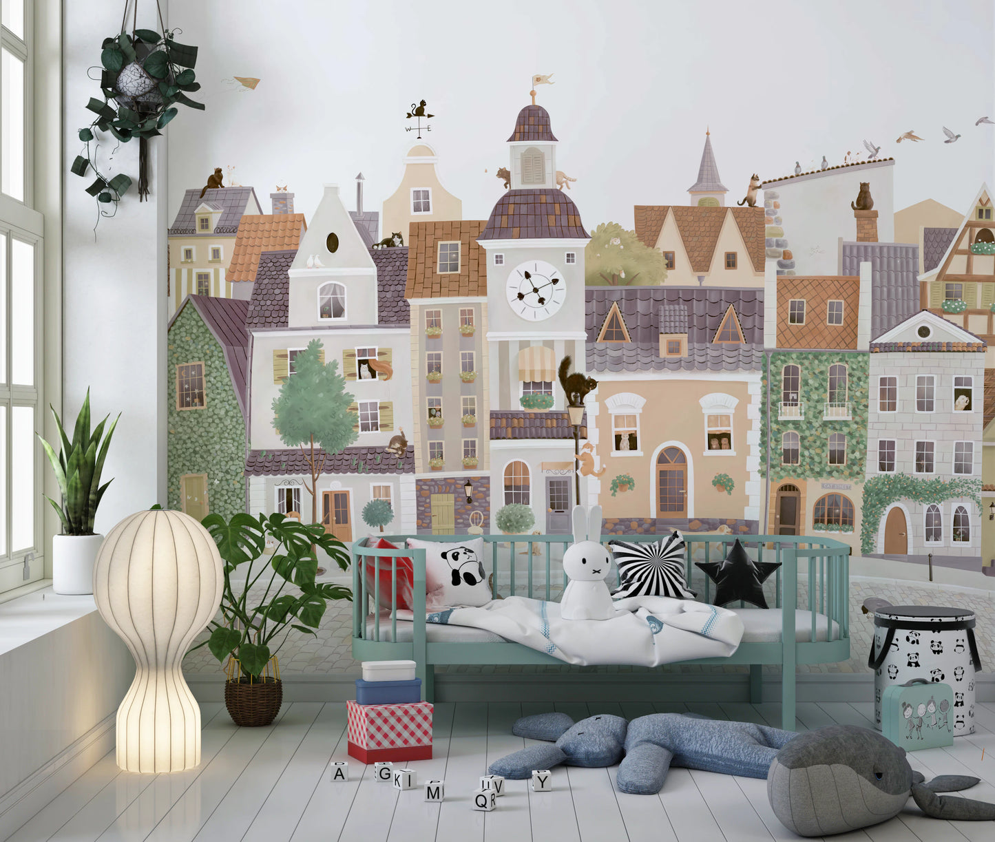 Whimsical European Street Scene with Charming Pets Wall Mural