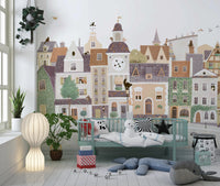 Whimsical European Street Scene with Charming Pets Wall Mural