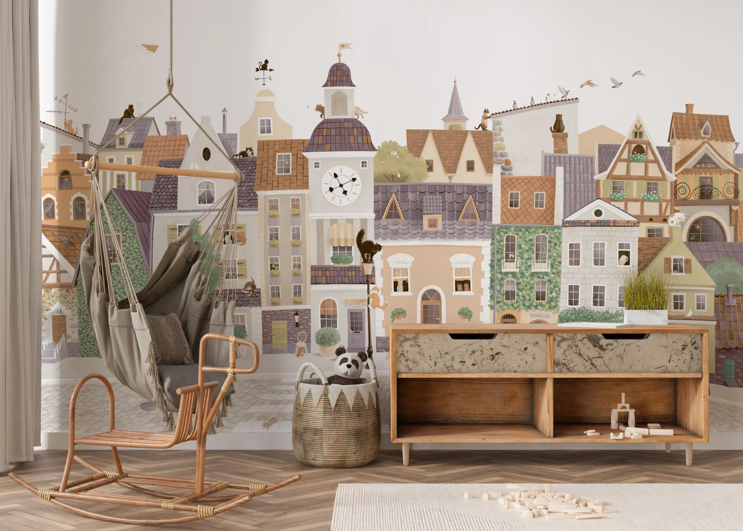 Whimsical European Street Scene with Charming Pets Wall Mural