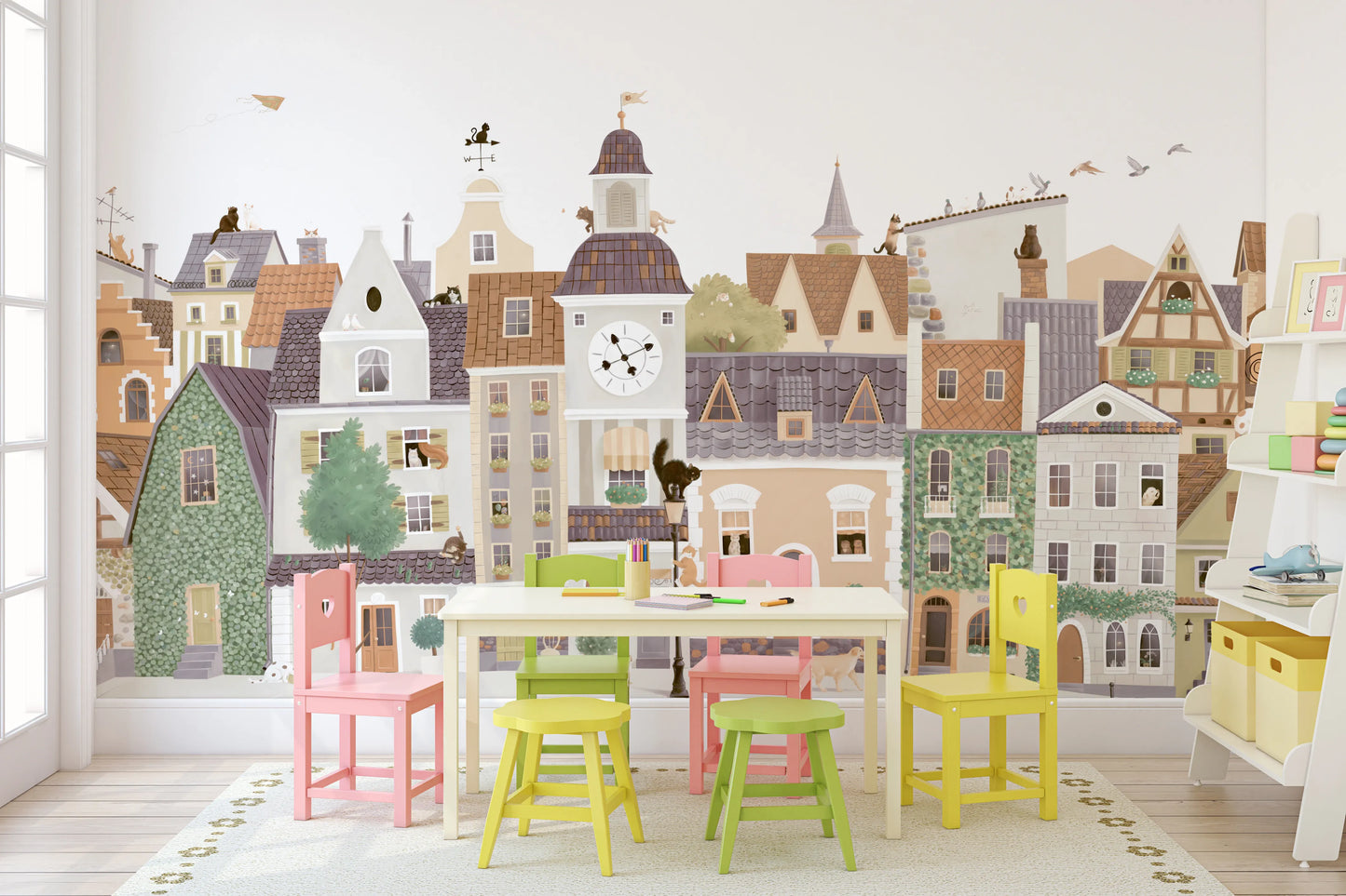 Whimsical European Street Scene with Charming Pets Wall Mural