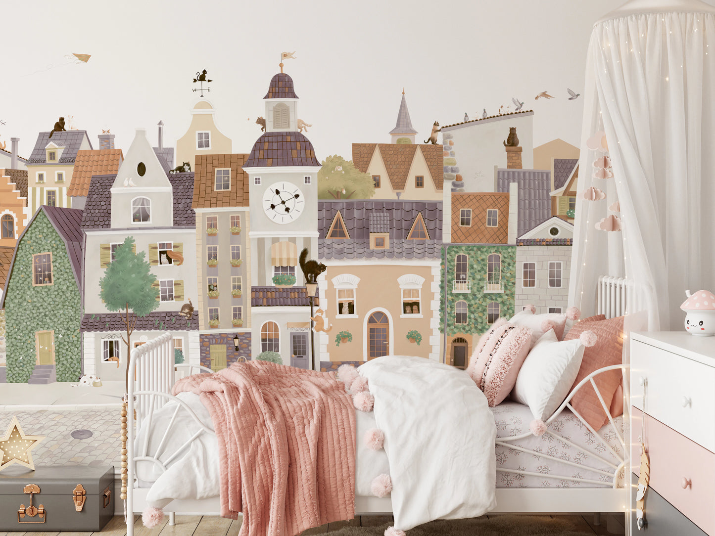 Whimsical European Street Scene with Charming Pets Wall Mural