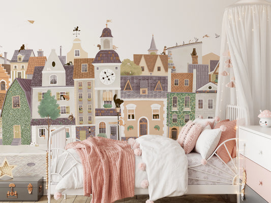 Whimsical European Street Scene with Charming Pets Wall Mural