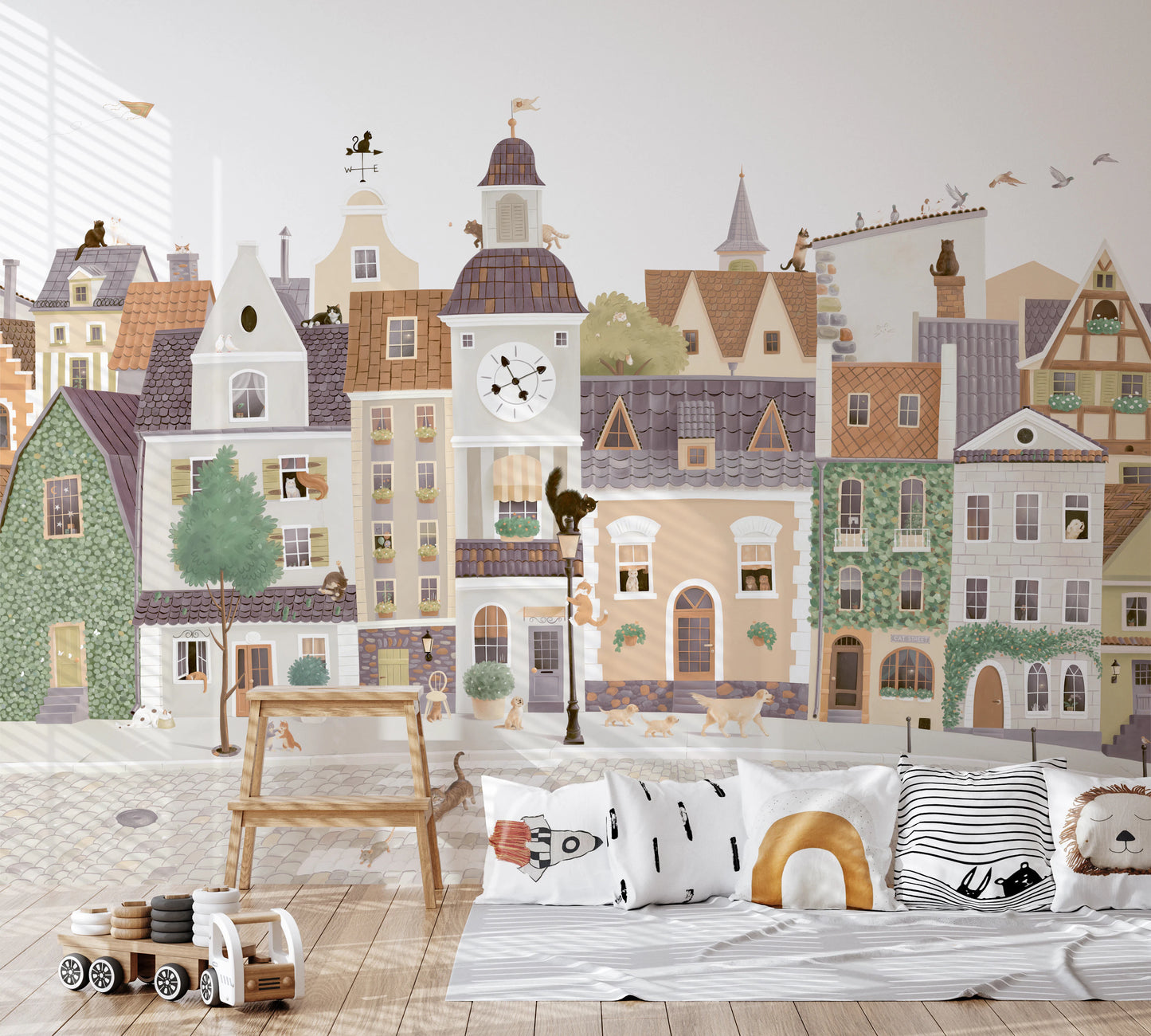 Whimsical European Street Scene with Charming Pets Wall Mural
