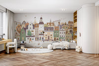Whimsical European Street Scene with Charming Pets Wall Mural