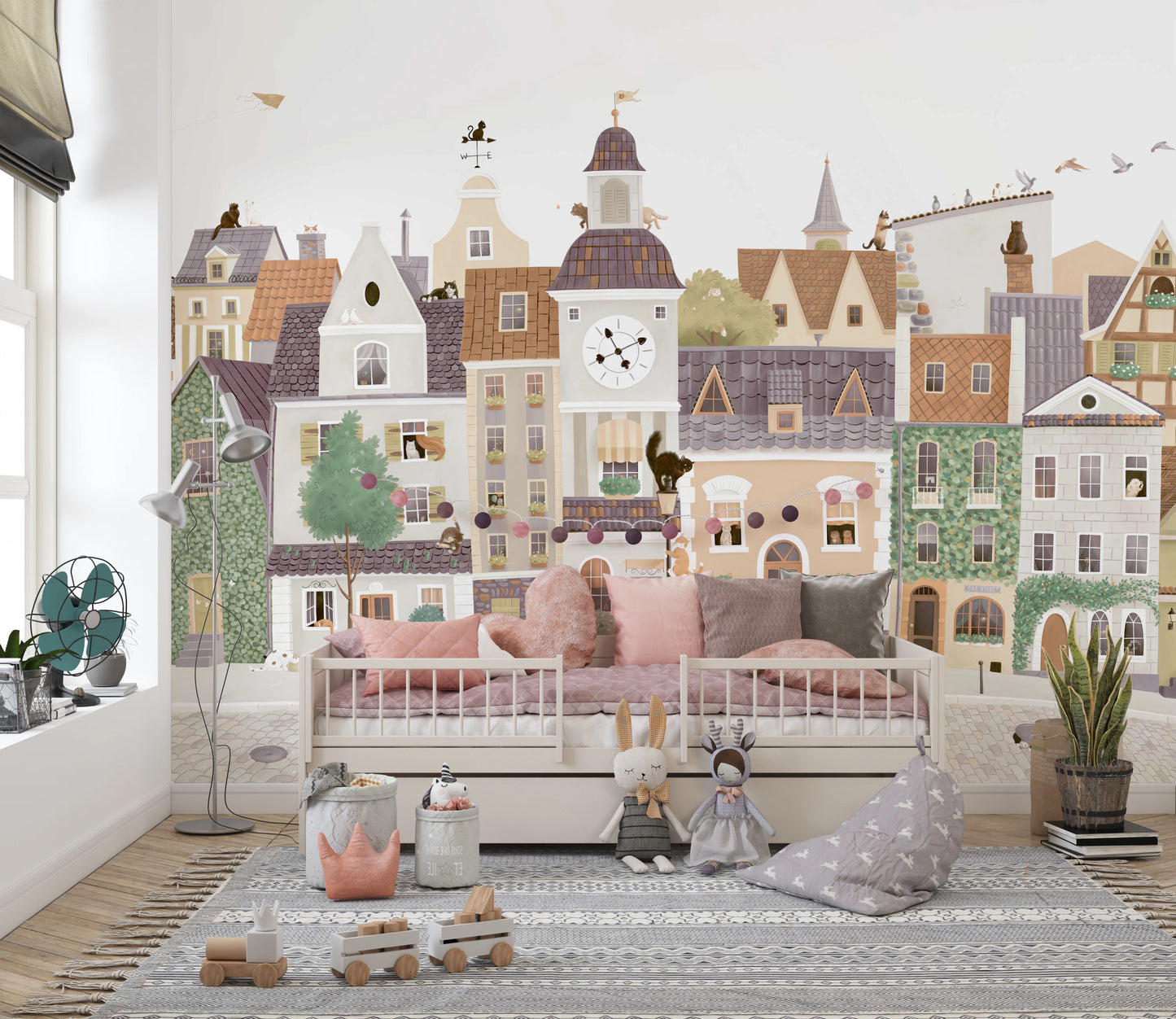 Whimsical European Street Scene with Charming Pets Wall Mural