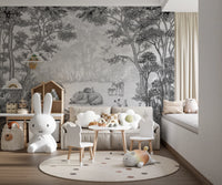 Monochrome Woodland Animals Forest Scene Wallpaper Wall Mural